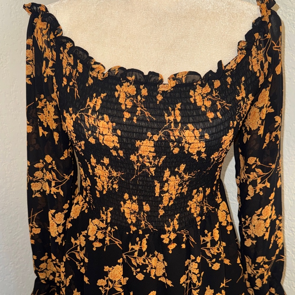 Black & Mustard Floral Tiered Long-Sleeve Dress - Picture 2 of 5